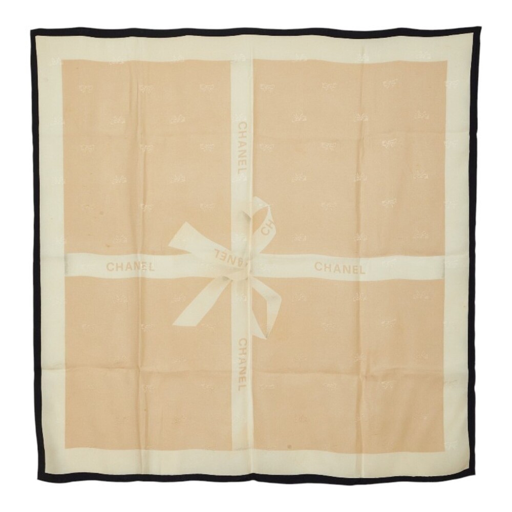 Chanel Logo Ribbon Scarf Muffler Beige Silk Women's CHANEL